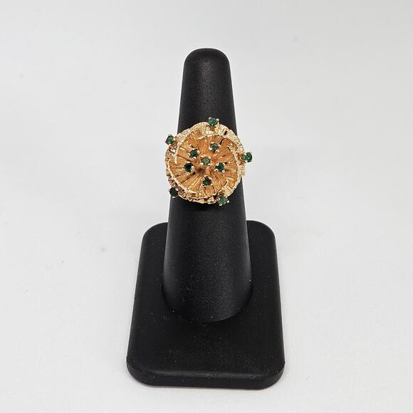 Estate 14k Yellow Gold and 11 Round Emerald Ring Size 5 3/4 Statement Ring